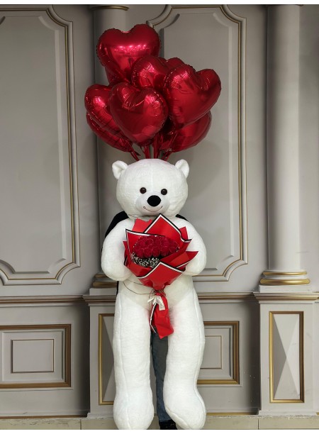 Ayıcık kırmızı gül kalpli balon